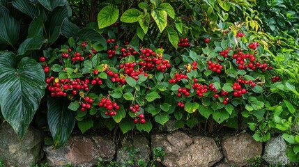 A cranberry plant growing in a garden, showcasing ripe berries and green foliage.
