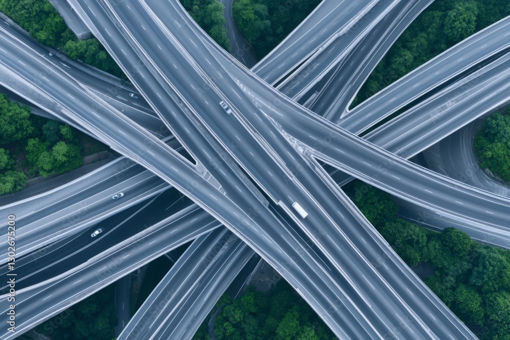 Poster complex highway interchange with multiple lanes and greenery surrounding the road network