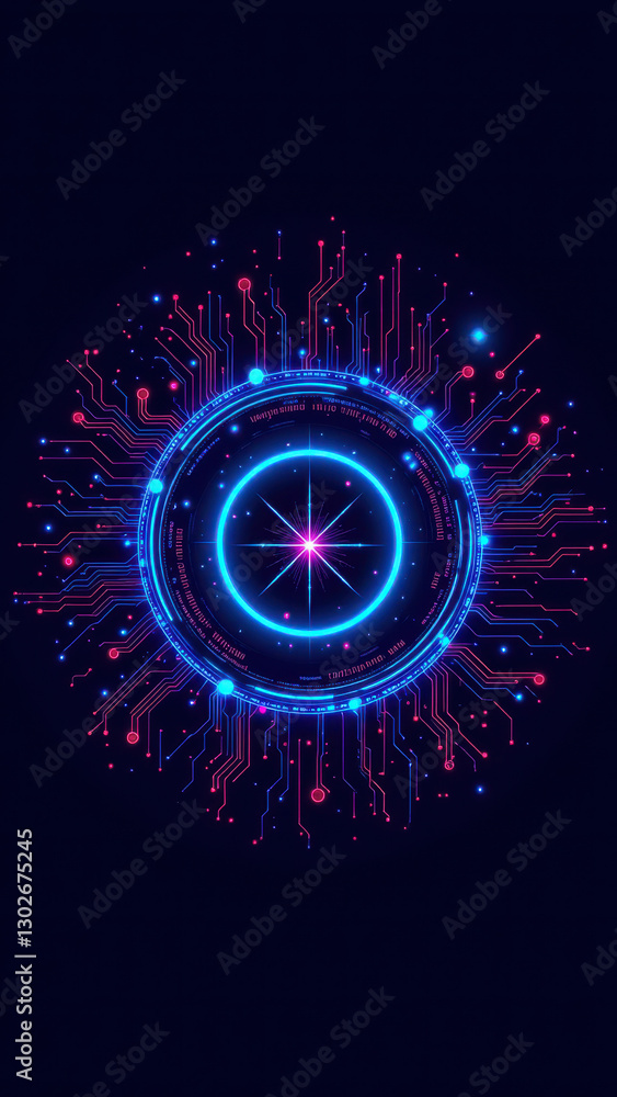 Aufkleber an abstract digital illustration featuring a central hexagon with blue and pink glowing effects symb