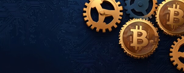 A collection of golden bitcoin coins and cogs, symbolizing the integration of cryptocurrency and technology.