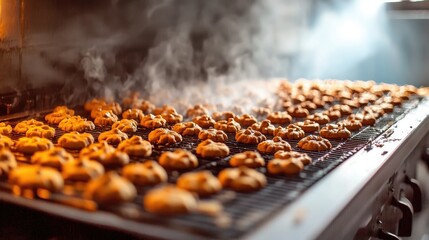 Freshly baked chocolate chip cookies are resting on a baking tray inside an oven,