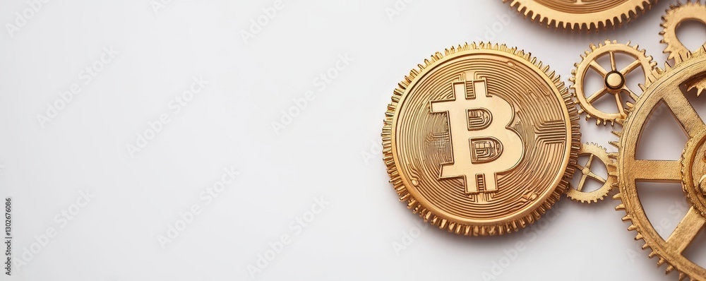 Poster a golden bitcoin surrounded by intricate mechanical gears on a light background.