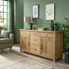 wood sideboard in green living room