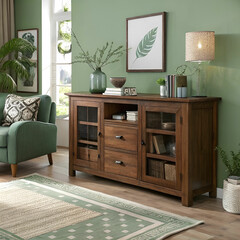 wood sideboard in green living room