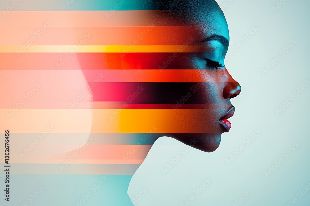 Poster digital art of futuristic woman with fragmented face in cybernetic effect representing ai virtual id