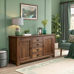 wood sideboard in green living room