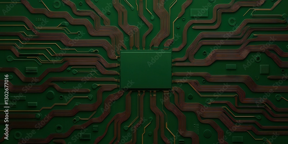 Poster an abstract close-up of a green circuit board featuring intricate pathways leading to a central chip