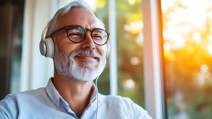 Fototapeta premium Serene Older Gentleman Enjoying Music in Stylish Home Office with Sunlight and Comfort