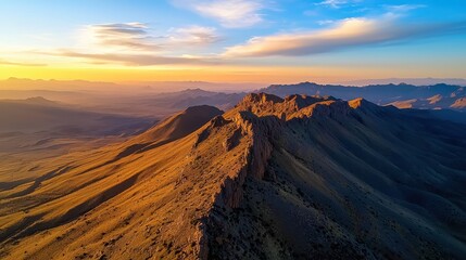 Naklejka premium A breathtaking aerial view of a mountain range at sunrise, golden light casting long shadows over rugged peaks.