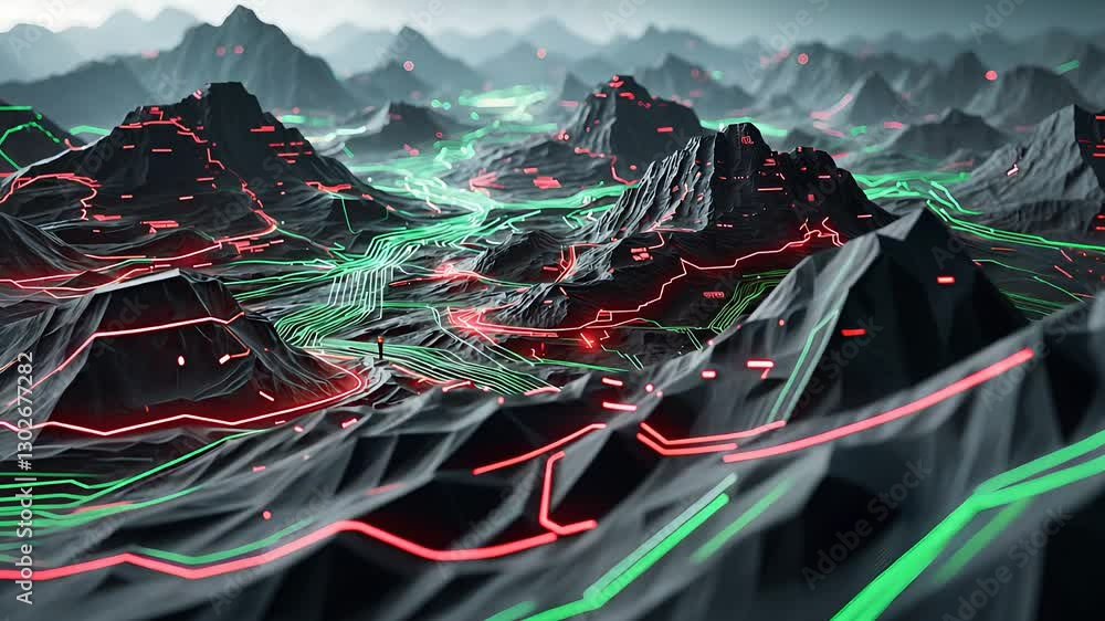 Poster futuristic digital terrain with glowing green and red lines on a 3d landscape in a technology-driven