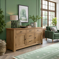 wood sideboard in green living room