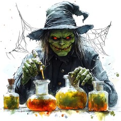Witch brews potion in lab