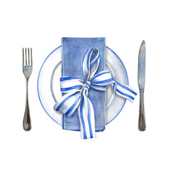 Table setting. Watercolor illustration of white plate, napkin, ribbon with strikes tied in a bow and cutlery. Good for postcards, recipes, menu, invitations, greeting cards