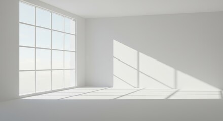 Fototapeta premium Minimalist white room interior with grid window casting geometric shadows