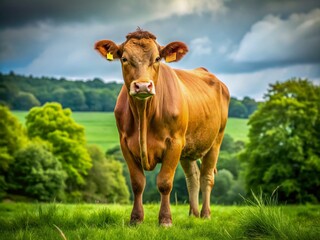 Majestic Brown Cow Grazing in Pasture - Dairy Cattle Breed Stock Photo