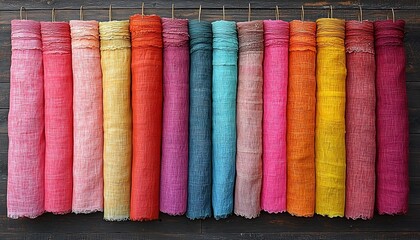 Colorful linen fabrics on wooden table