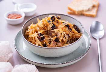 Hearty lunch: bigus with meat and prunes. Stewed cabbage with meat in a nice plate for dinner. Close-up