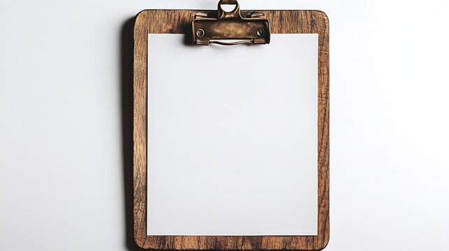 Clipboard with white paper on it, on a white background.
