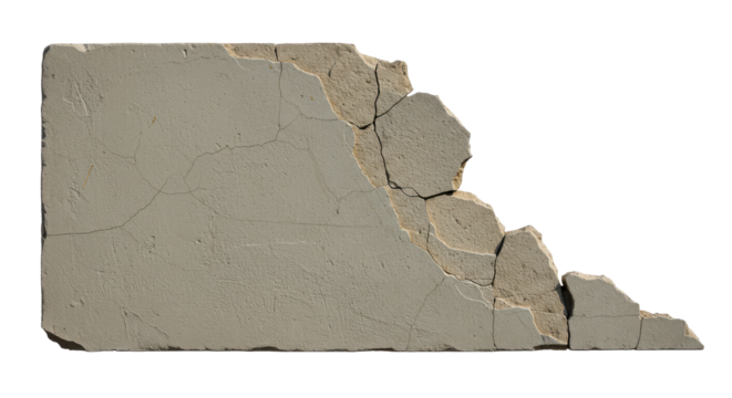 collapse or broken cement wall isolated on a transparent background. PNG, cutout, or clipping path.