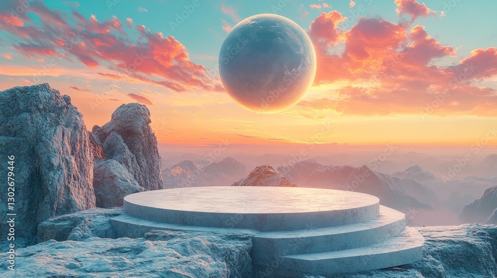 Poster empty podium set in a surreal extraterrestrial environment, with multi-colored skies and a large pla