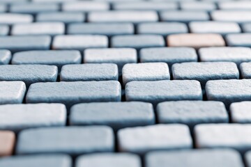 Obraz premium Close up view of a cobblestone pavement with a repetitive grid pattern showing texture details and stone variations for urban street backgrounds