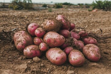 Bunch of dirty red potatoes on the ground