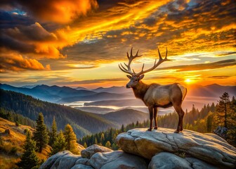 Majestic Elk at Sunset: Valley View from Rocky Outcrop