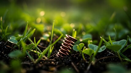 Flexible iron tube spiral spring on the grass in the garden