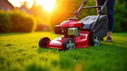 Push lawn mower, Golden sunset lights a bright red push mower on vibrant green grass detailed textures sharp blades slicing cleanly. Scen