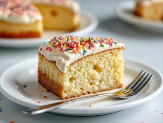 A delicious slice of birthday cake topped with creamy frosting, colorful sprinkles, and candles, perfect for celebrations and parties. Ideal for content related to birthday desserts, festive baking, a