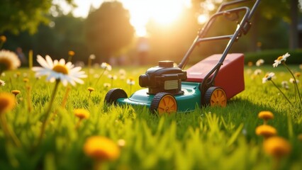Fototapeta premium Push Lawn Mower, Retro push lawn mower glowing in summer light amidst verdant grass and flowers low angle wormвs-eye composition