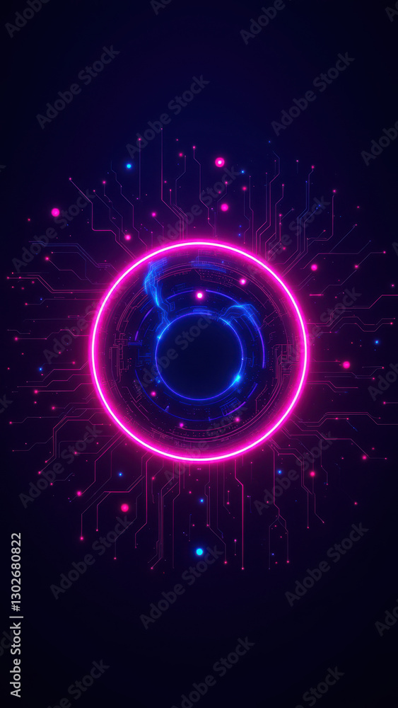 Poster an abstract digital illustration with a circular motif at the center, surrounded by geometric shapes