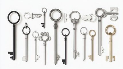 A variety of decorative keys in different sizes and materials are displayed against a simple white background.