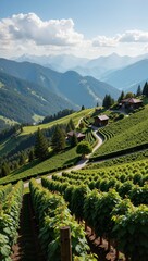 Georgian Caucasus Vineyards showcase lush green rows of vines with mountains in background. Concept highlights beauty of Georgian Caucasus Vineyards and their picturesque landscapes