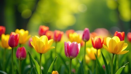 Vibrant tulips, daffodils, hyacinths in lush green meadow, green, flower background, pink
