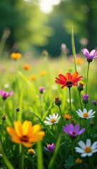 Fototapeta premium Vibrant wildflowers in lush meadow, sunlight dappled , beautiful, floral background