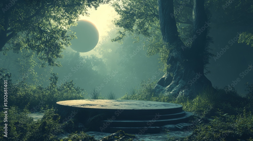 Poster empty podium set in an otherworldly forest, with a distant glowing planet casting soft light over th