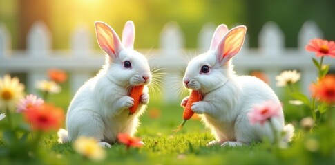 Fototapeta premium White bunnies enjoying carrots amidst blooming flowers and a white picket fence on a bright day , stock, outdoor, cute