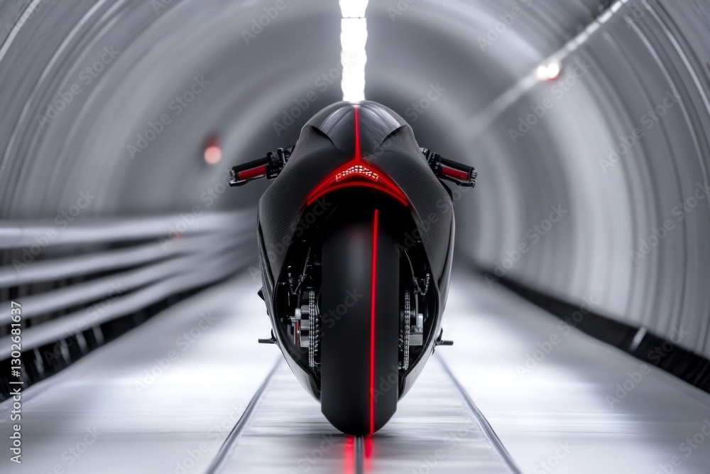 Poster futuristic motorcycle displayed in a modern tunnel with sleek design and illuminated lines