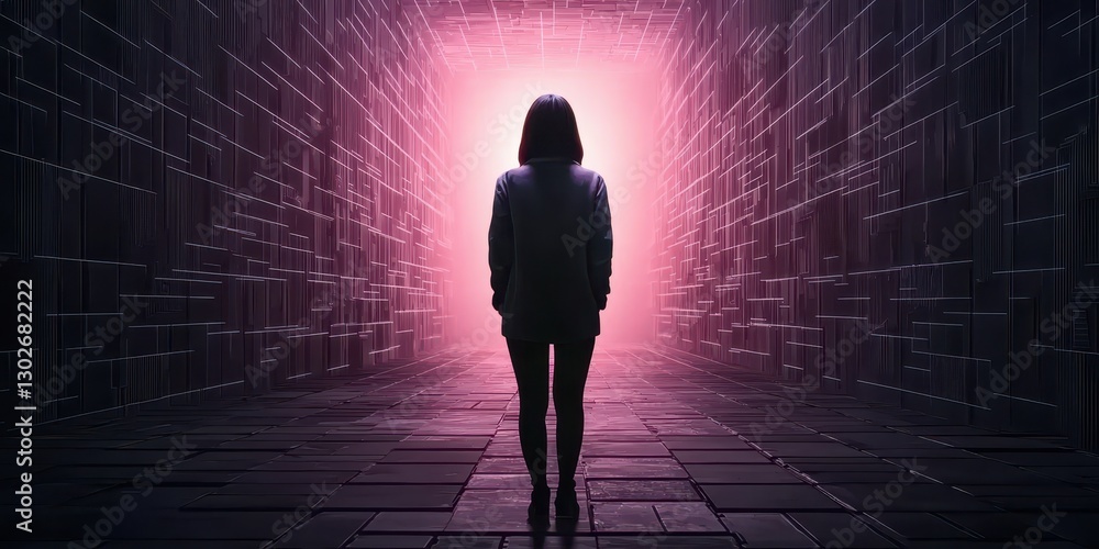 Poster a silhouetted figure stands in a dark corridor illuminated by a vibrant, glowing pink light, creatin