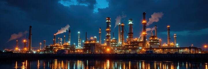 Obraz premium Refinery at night, welder's arc illuminates machinery, sparks, night shift, industry