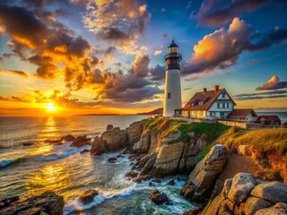 Majestic Lighthouse on Rocky Coast at Sunset - Tranquil Coastal Landscape