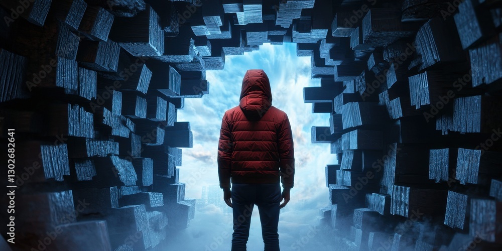 Poster a figure in a red jacket stands at the entrance of a glowing tunnel, surrounded by floating blocks, 