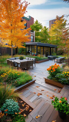 Obraz premium autmun, urban neighbourhood landscaping, Modern Urban House, wide shots of home gardens, lawns, yards, decks and spaces for outdoor entertaining, garden design, modern architecture concept
