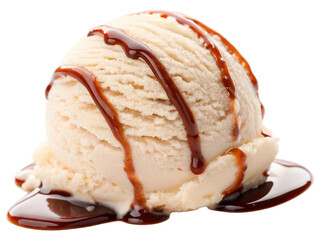 Single vanilla Neapolitan ice cream scoop topped with smooth, glossy vanilla melting sauce isolated on white background. Suitable for marketing or business purposes. PNG file