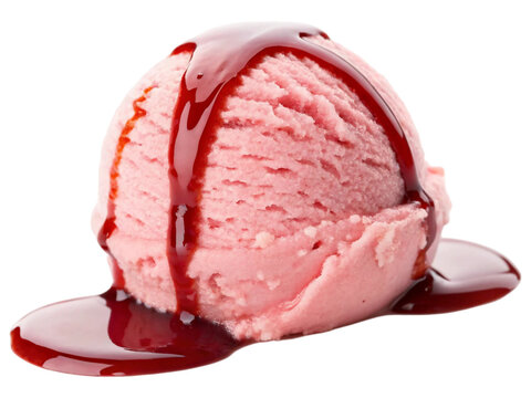 Single strawberry Neapolitan ice cream scoop topped with glossy, luscious strawberry melting sauce isolated on white background. Suitable for marketing or business purposes. PNG file