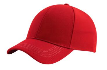 Red baseball cap featuring a curved brim and detailed stitching. Stylish and versatile accessory for casual and sportswear. Isolated on transparent background, png.