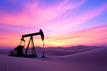 Naklejka premium Sunset over oil pumpjack in a desert with vibrant colors illuminating the sky