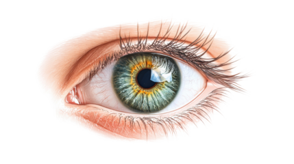 close up of female eye isolated on white background