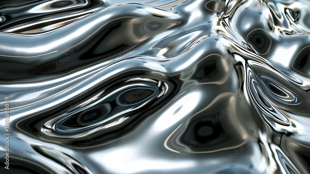 Poster abstract chrome liquid surface with flowing waves and reflections. shiny metallic texture with dynam